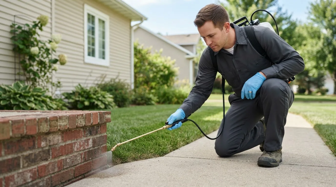 Pest control technician treating a home near Myerstown, PA