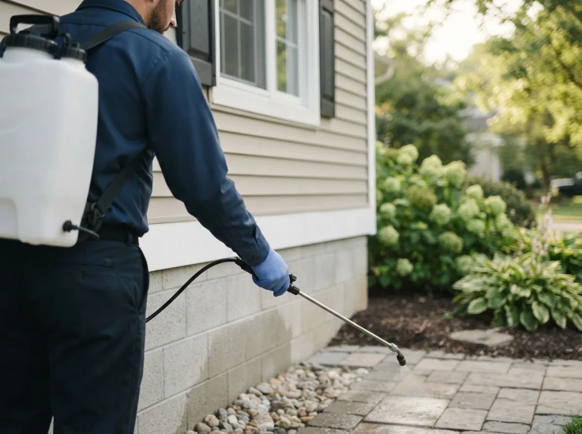 Pest control technician inspecting a home in Myerstown, PA